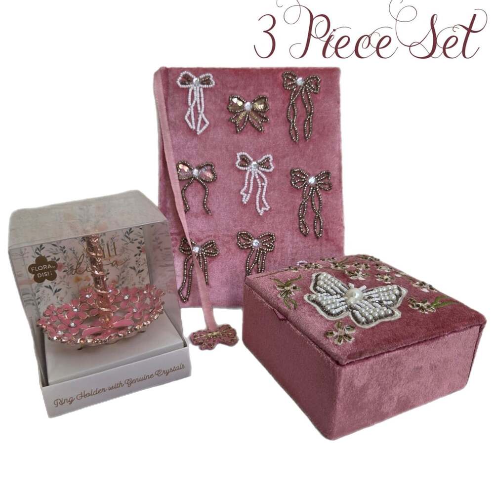 3 Piece Set: Beaded Velvet Journal, Beaded Velvet Jewelry Box, & Ring Holder